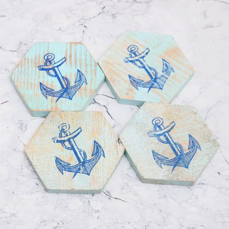 Handmade Wooden Coasters with Anchor Pattern - Pack of 4